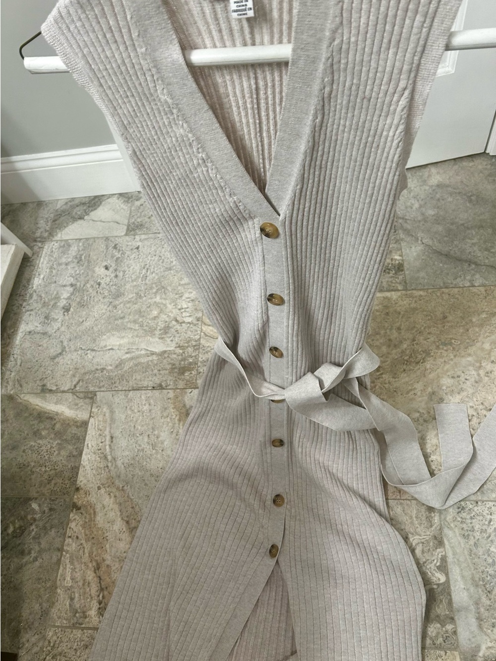 Magaschoni Ribbed Button-Front Midi Dress in Light Taupe